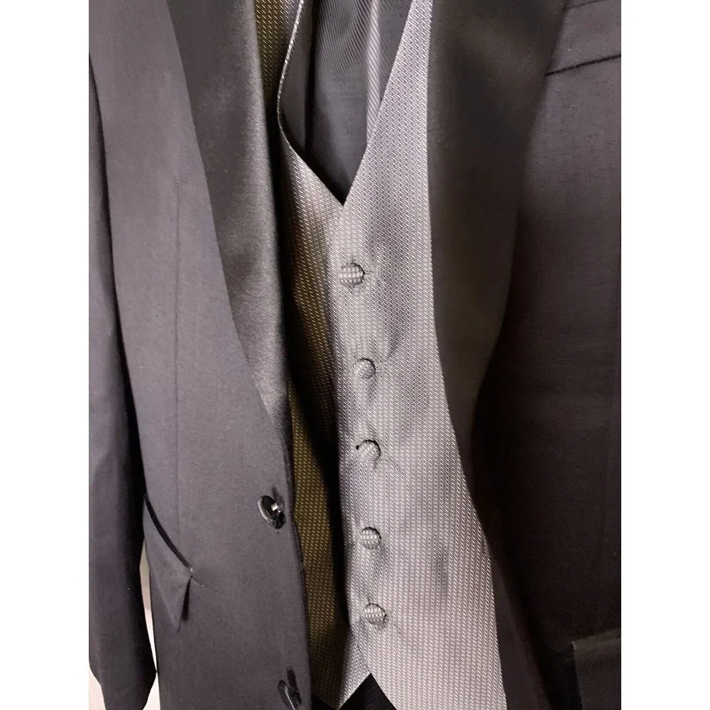 Pronto Uomo Men's 3‎ Piece Tuxedo 100% Wool Sz 43L Black with Vest Blk/Silver Gr